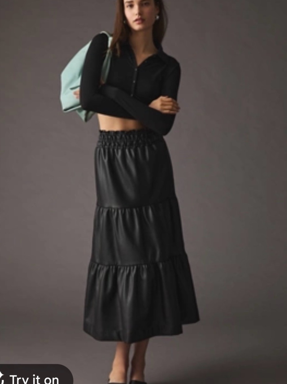 Anthropologie Somerset Vegan Faux Leather Tiered Maxi Skirt Large.